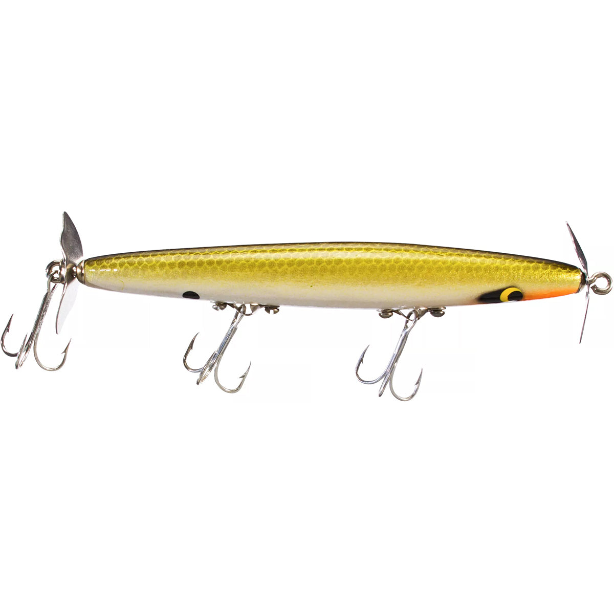 Yellow and black fishing lure with multiple hooks on a white background