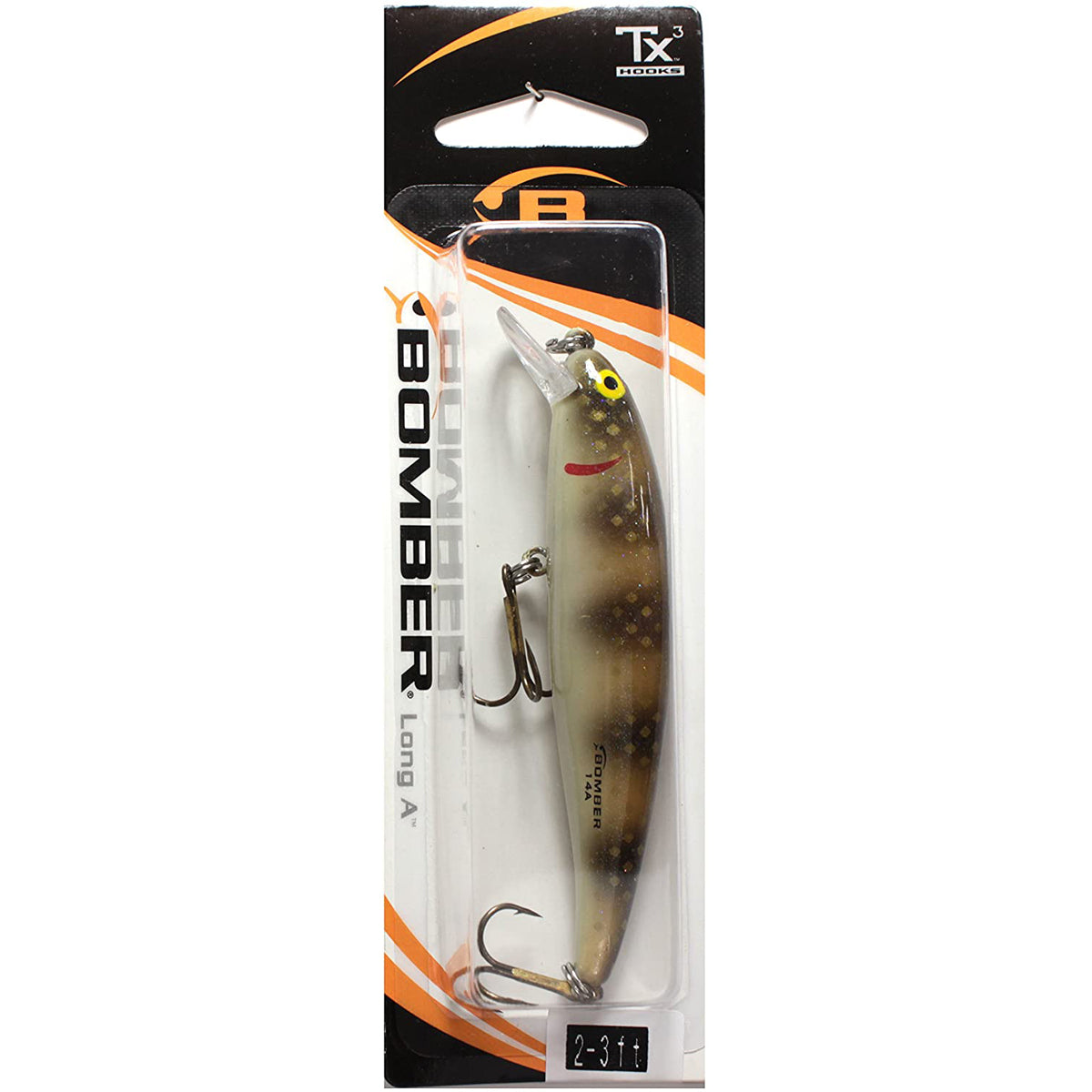 Fishing lure in packaging with Bomber and TX branding on a white background