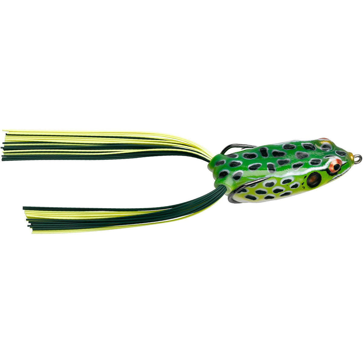 Fishing lure with green and yellow colors on a white background