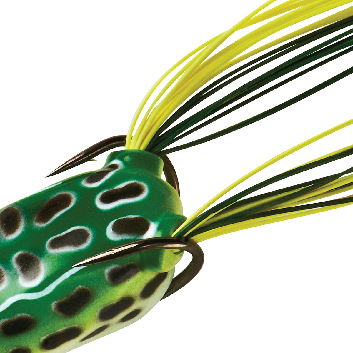 Close-up of a green and black frog-shaped fishing lure with yellow and black skirt on a white background.
