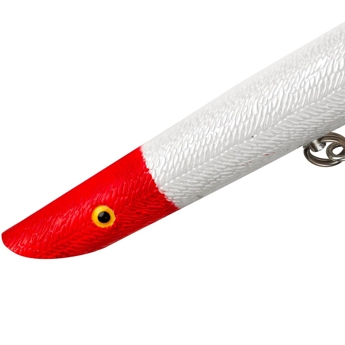 Red and white fishing lure on a white background