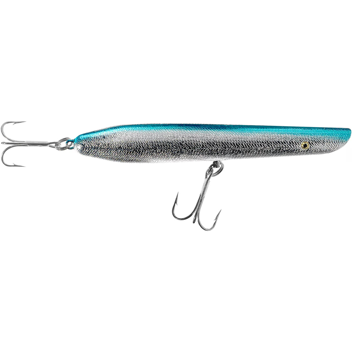 Fishing lure with blue and silver colors on a white background