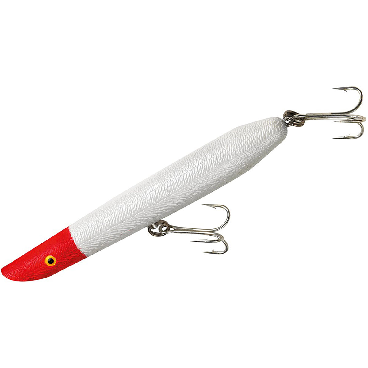 Fishing lure with a white body and red tip on a white background