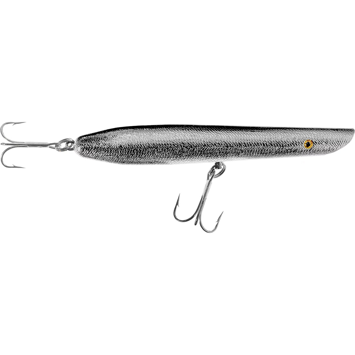 Fishing lure with a silver and black body on a white background