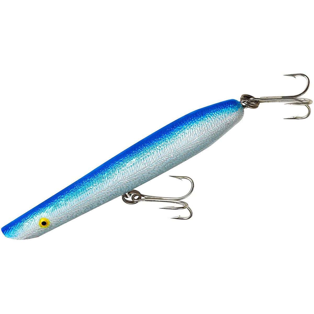 Blue and silver fishing lure with treble hooks on a white background