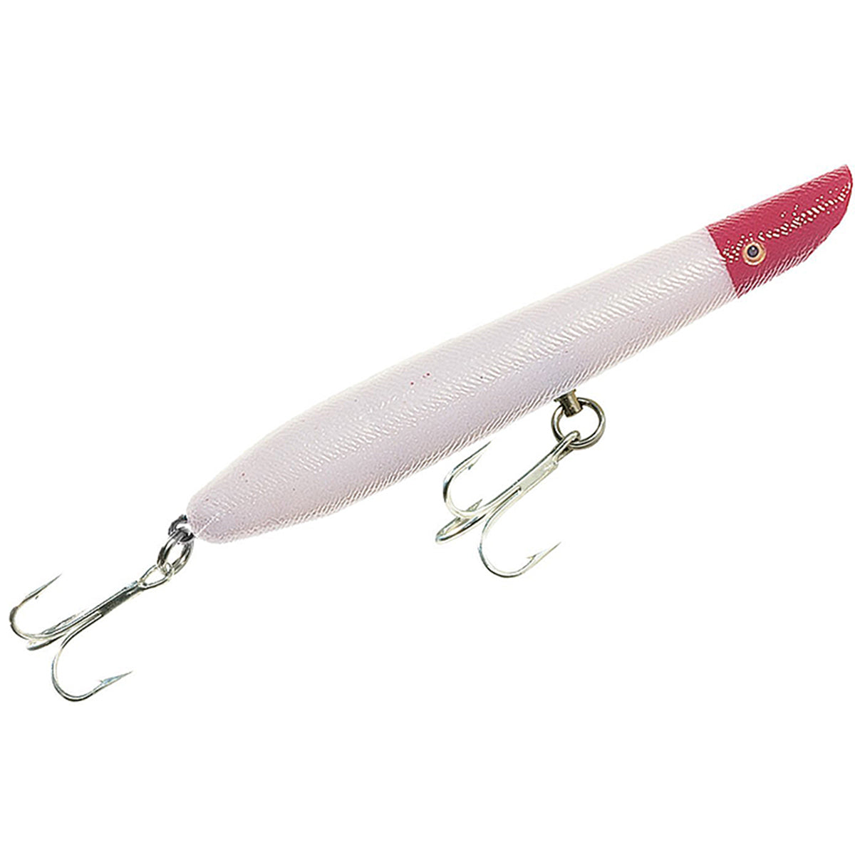 Fishing lure with a pink and white body on a white background