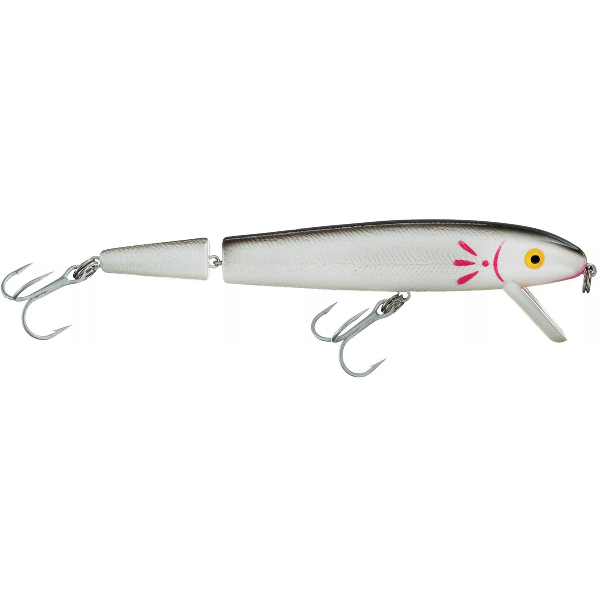 Fishing lure with a white body and pink design on a white background