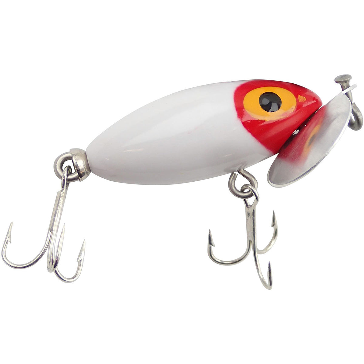 Fishing lure with a red and yellow face on a white background