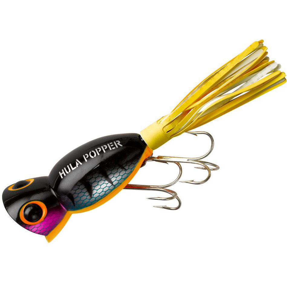 Fishing lure with 'Hula Popper' branding on a white background