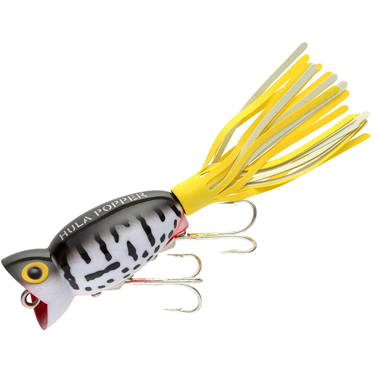 Fishing lure with yellow skirt and 'Hula Popper' branding on a white background