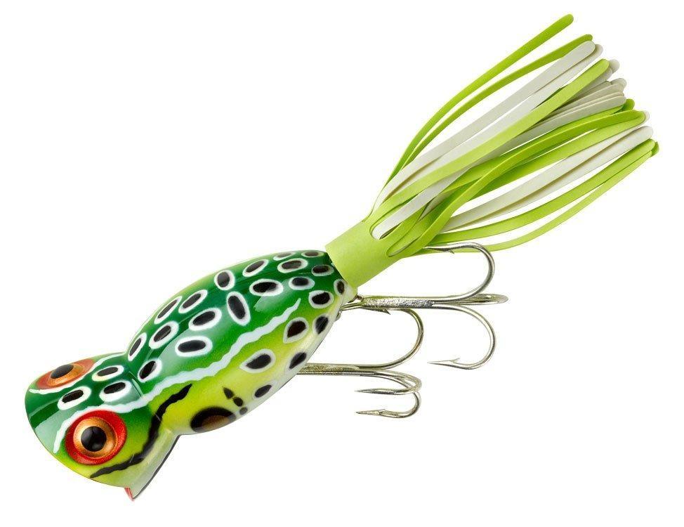 Frog-shaped fishing lure with green body, black spots, and red eyes on a white background