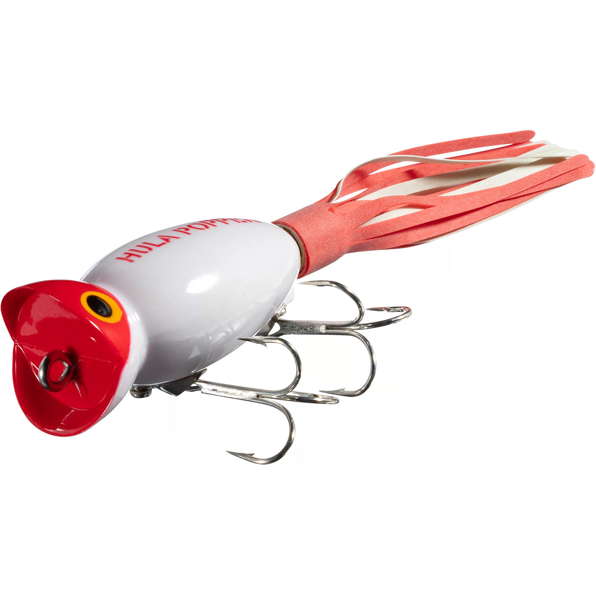 Fishing lure with red and white colors on a white background