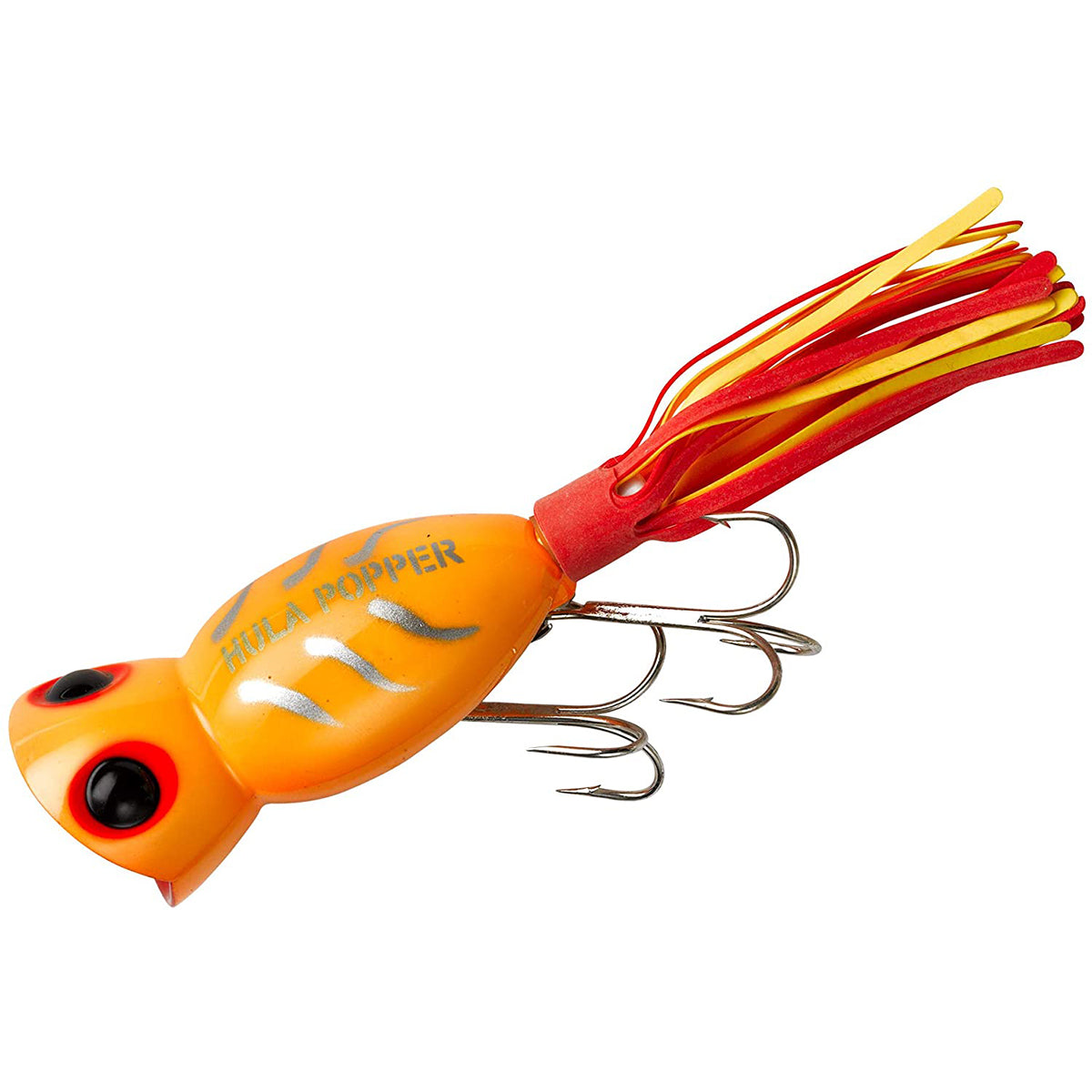 Orange and red fishing lure with a white background