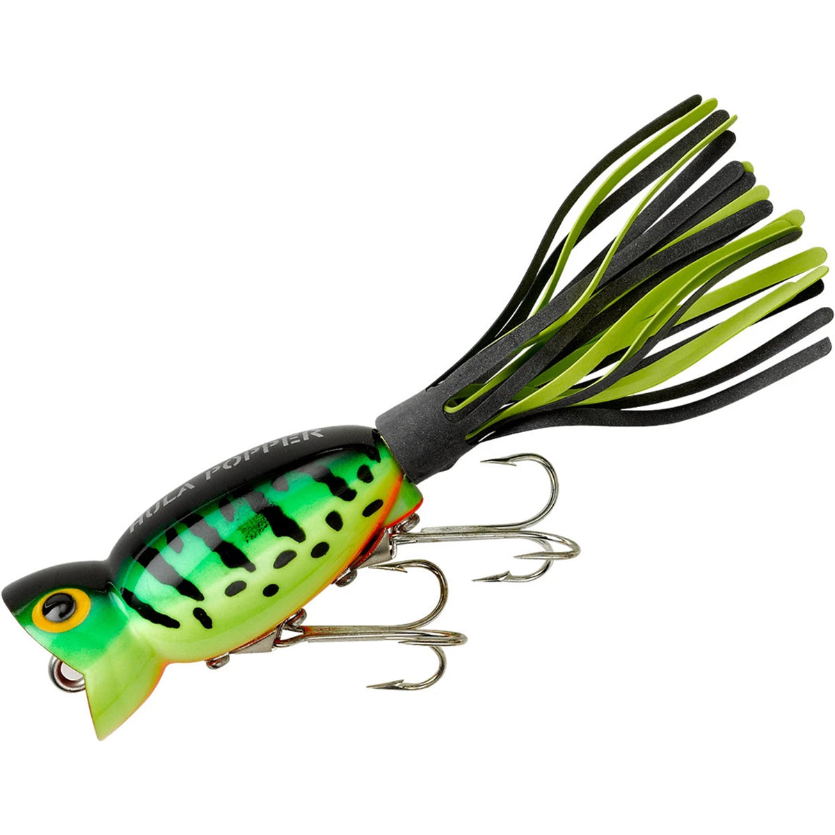 Fishing lure with green and black body on a white background