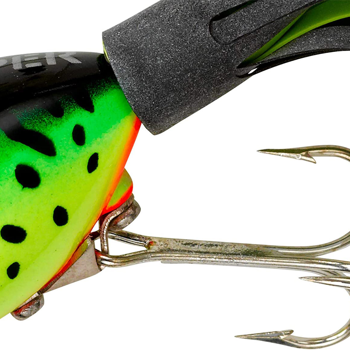 Close-up of a fishing lure with a black and green body and red accents, attached to a black line.