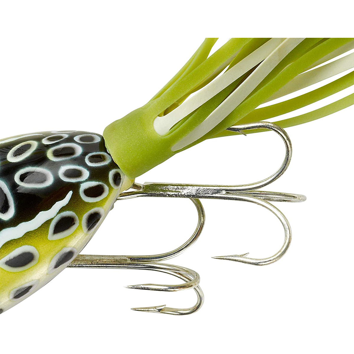 Fishing lure with green body and black and white pattern on a white background