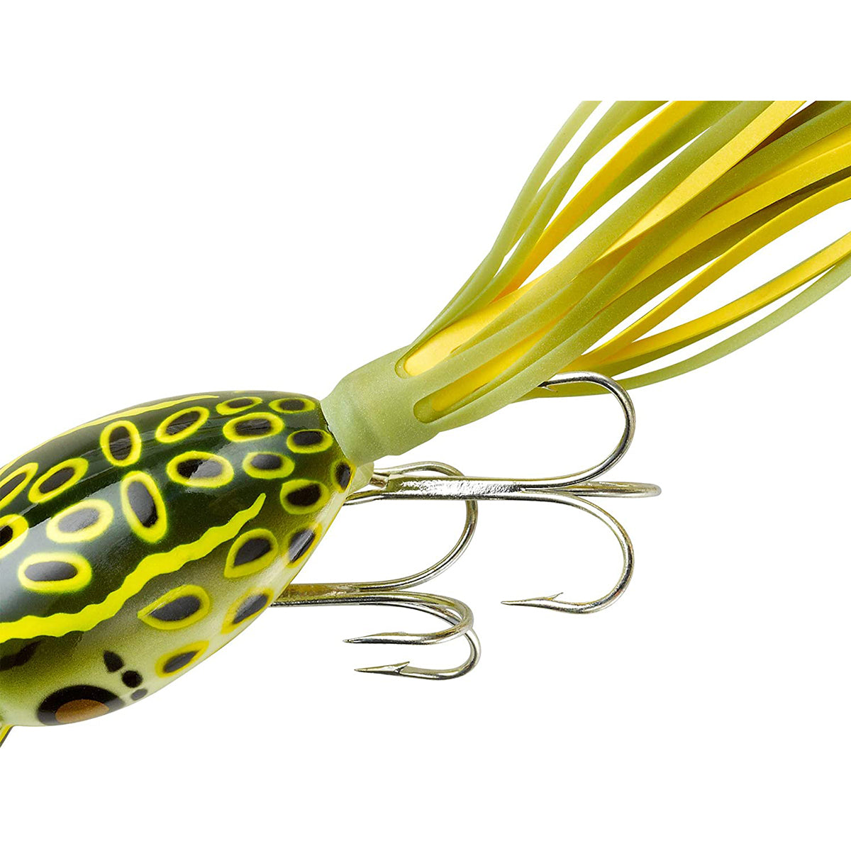 Fishing lure with yellow and black pattern on a white background