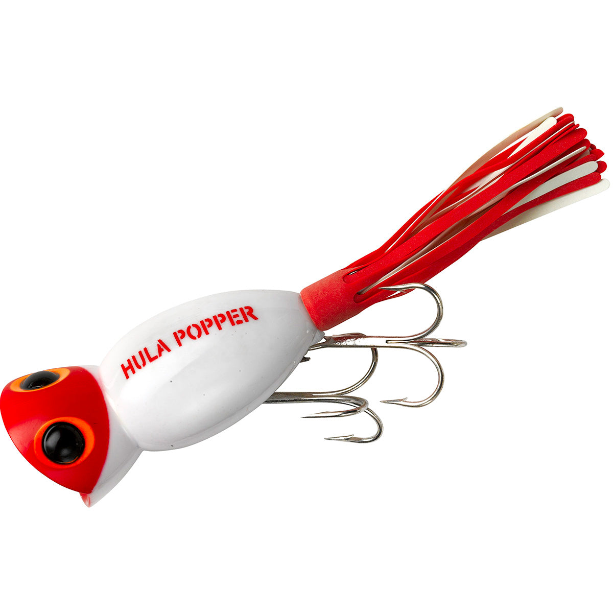 Fishing lure with 'Hula Popper' branding on a white background