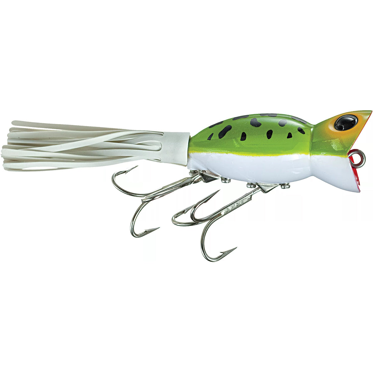 Fishing lure with a green and white body on a white background
