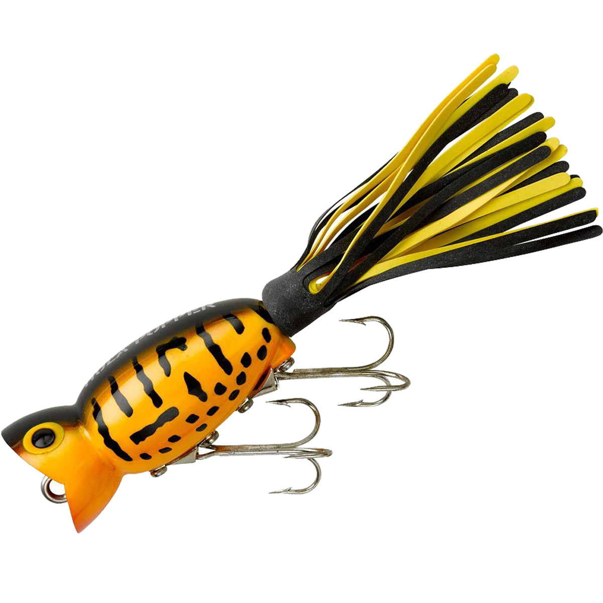 Fishing lure with orange and black tiger stripe pattern on a white background