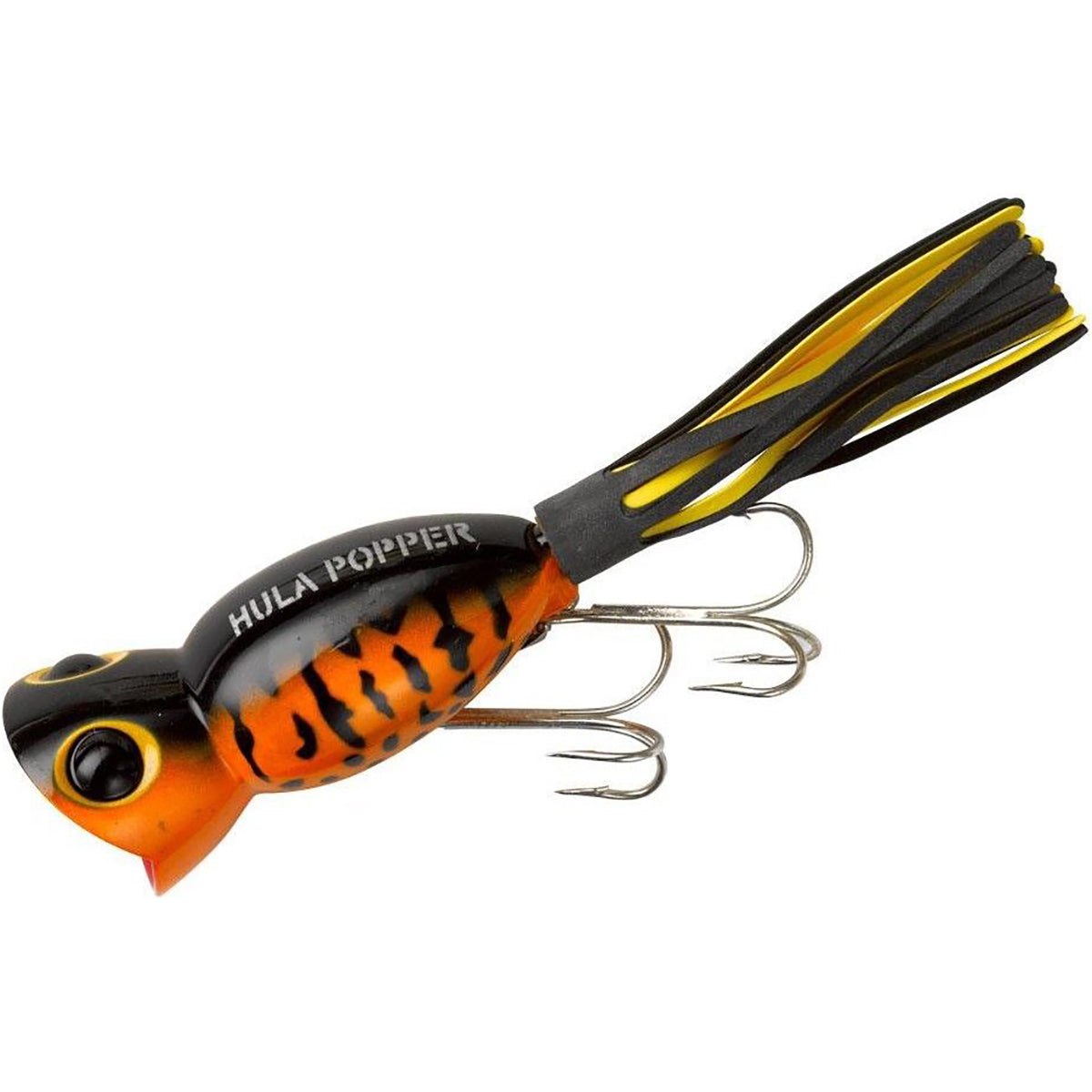 Fishing lure with orange and black design on a white background