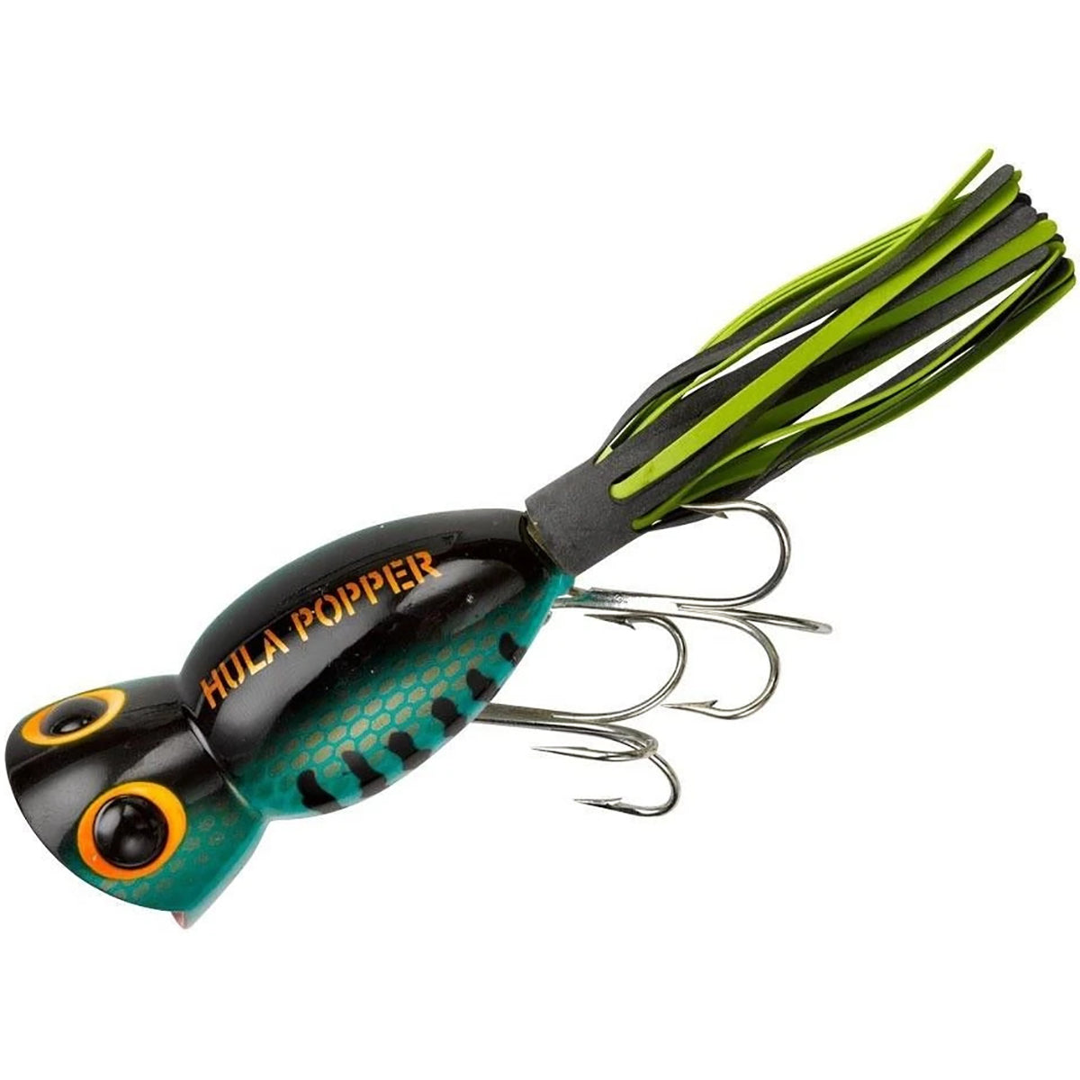 Fishing lure with 'Hula Popper' branding on a white background