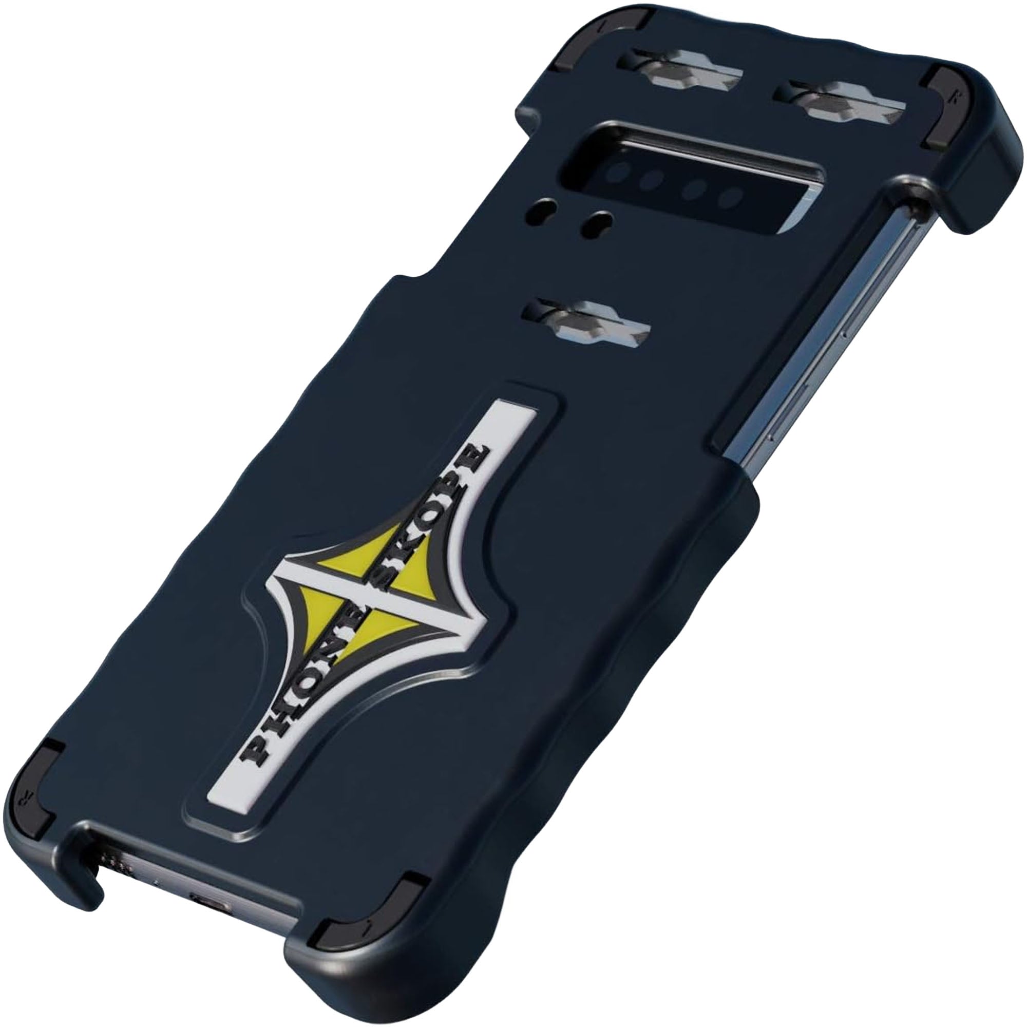 Black phone case with a logo on a white background