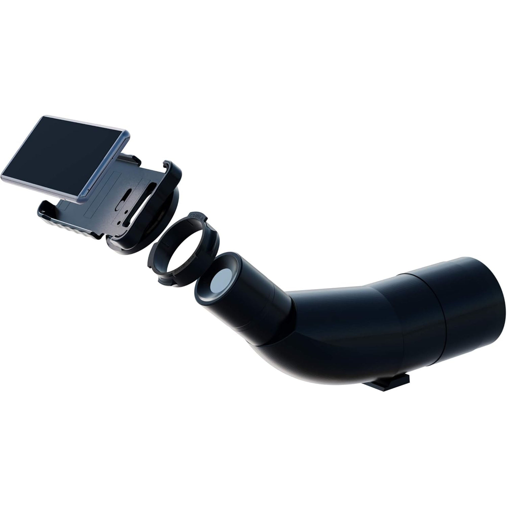 Black camera lens and accessories on a white background