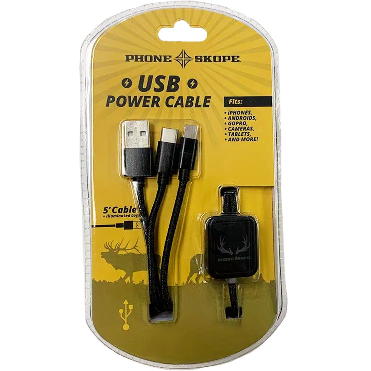 Phone Skope USB charging cable packaging with yellow background