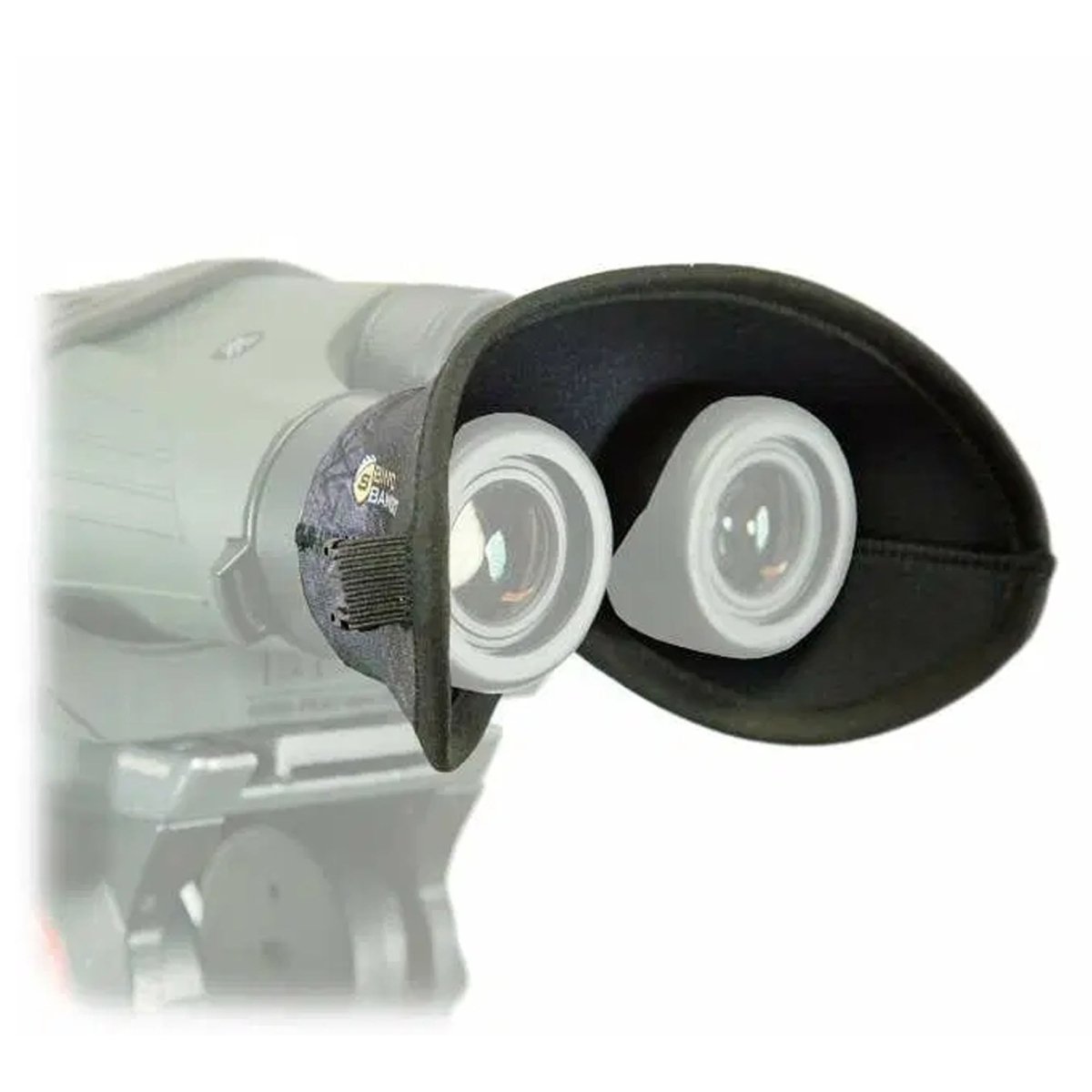 Camera lens with a black protective binocular eye sheilds on a white background