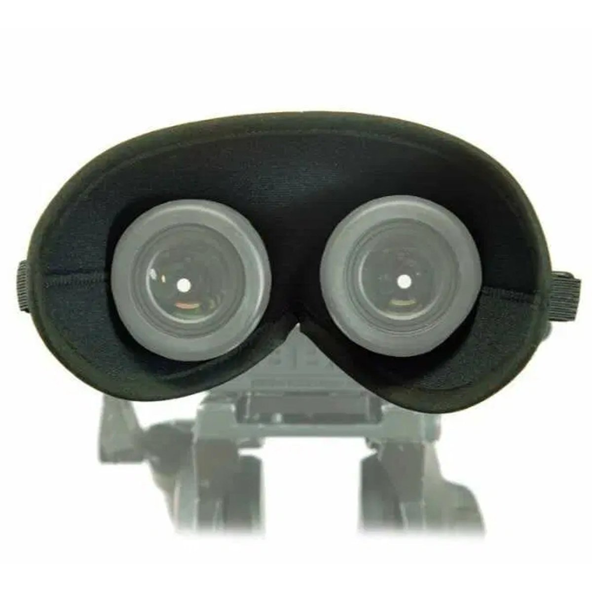 Dual camera lens with binocular eye sheilds on a black background