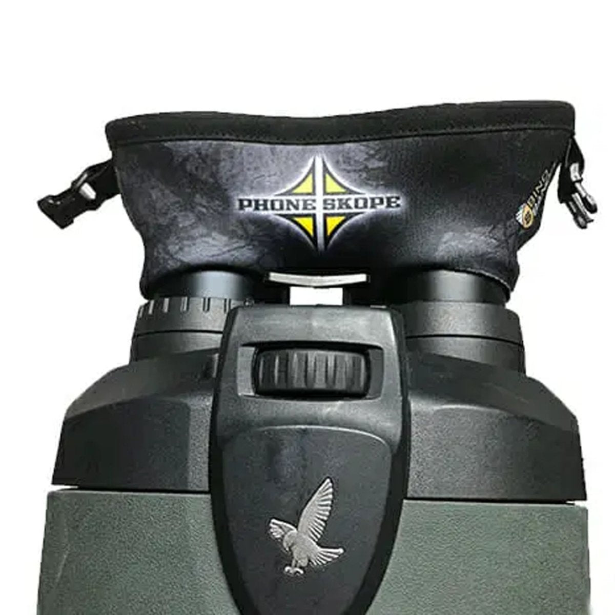Binocular eye sheilds with a Phone Skope case on top against a white background