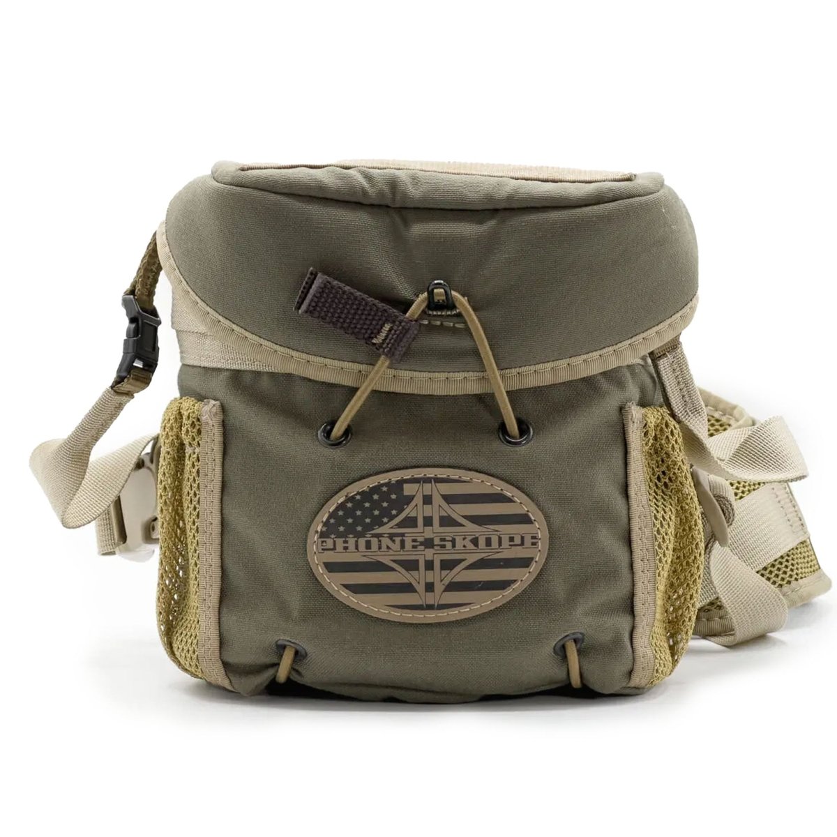 Green tactical binocular chest pack with a logo on a white background