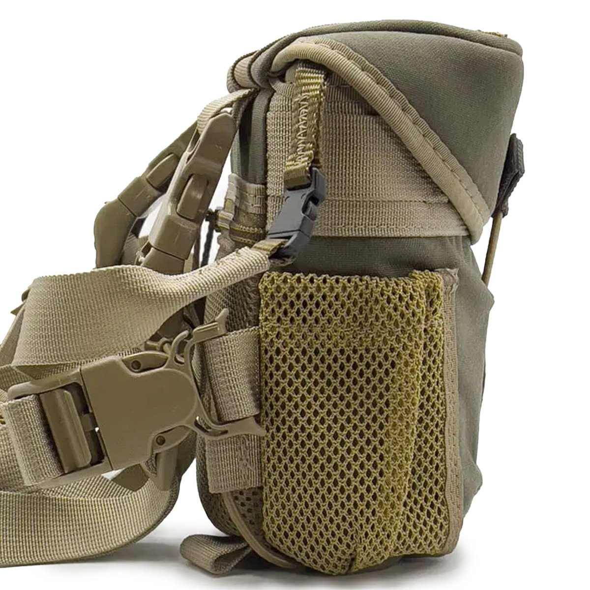 Tactical binocular chest pack with mesh pocket and shoulder strap on a white background