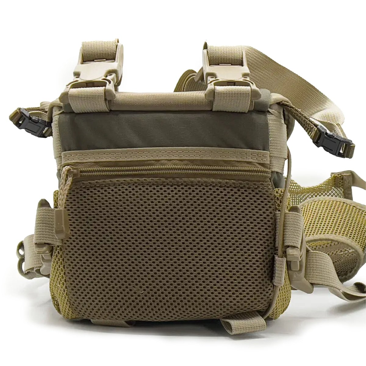 Tan tactical binocular chest pack with multiple straps and zippers on a white background