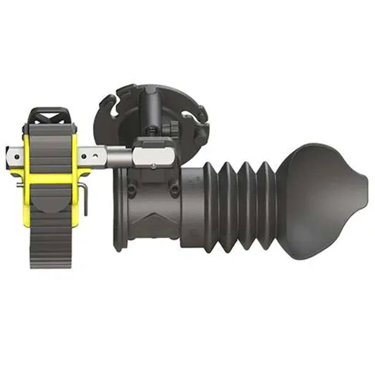 Black mechanical rifle scope adapter with a yellow accent on a white background