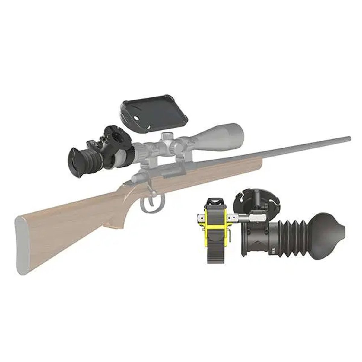 Rifle scope adapter and other attachments on a white background