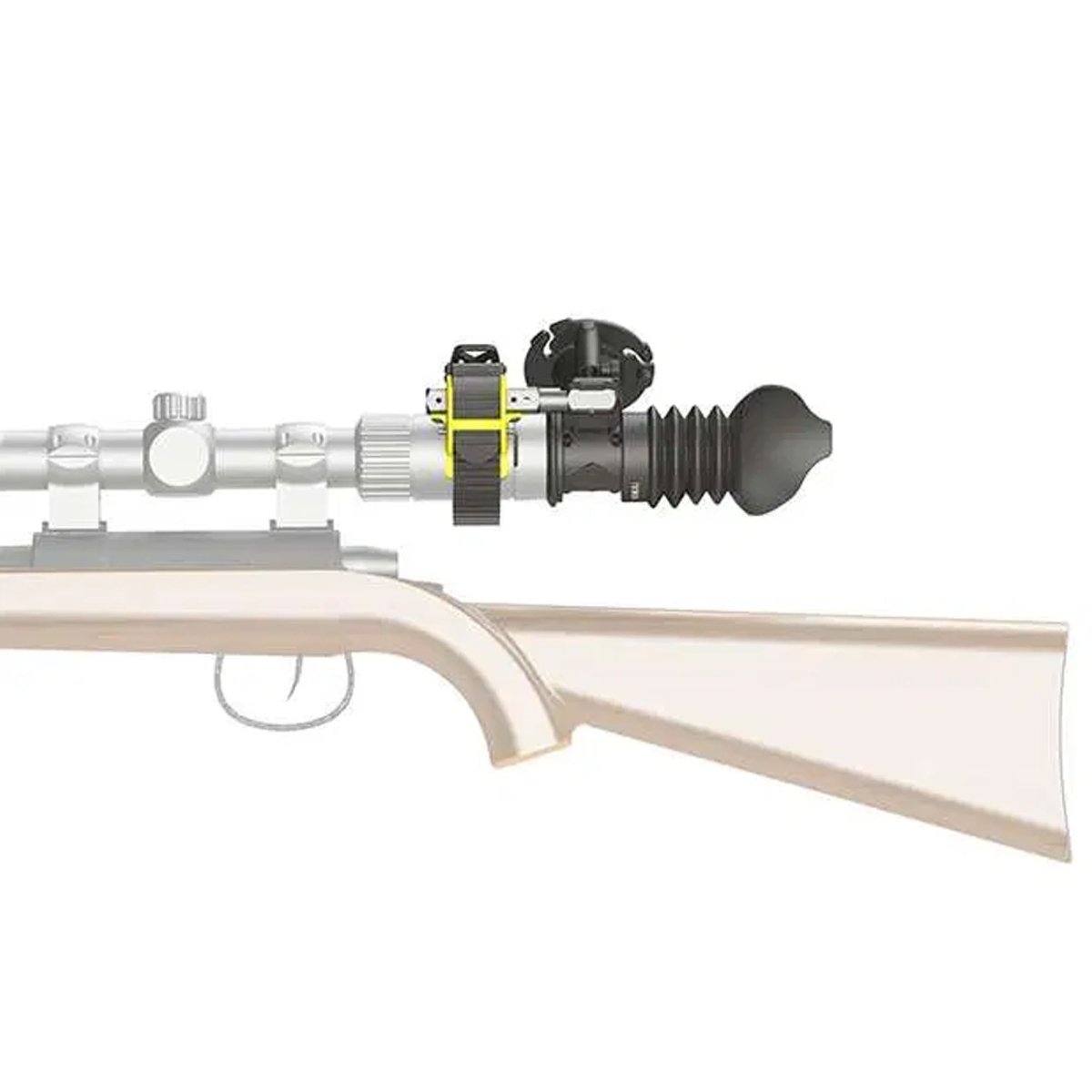 Rifle scope adapter and bipod on a white background