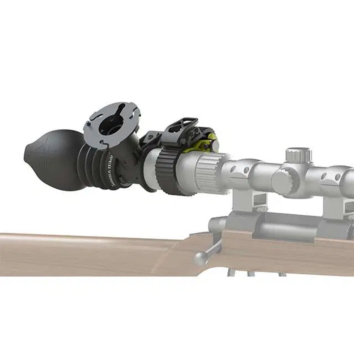 Close-up of a rifle scope adapter and mount on a white background