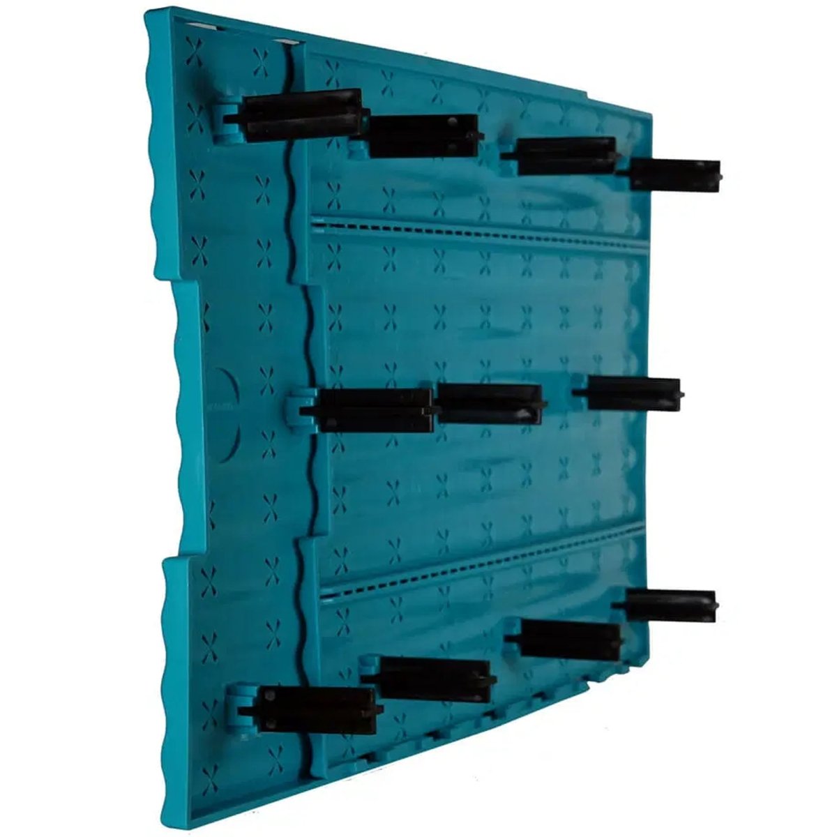 Blue cooler tray with black hooks on a white background