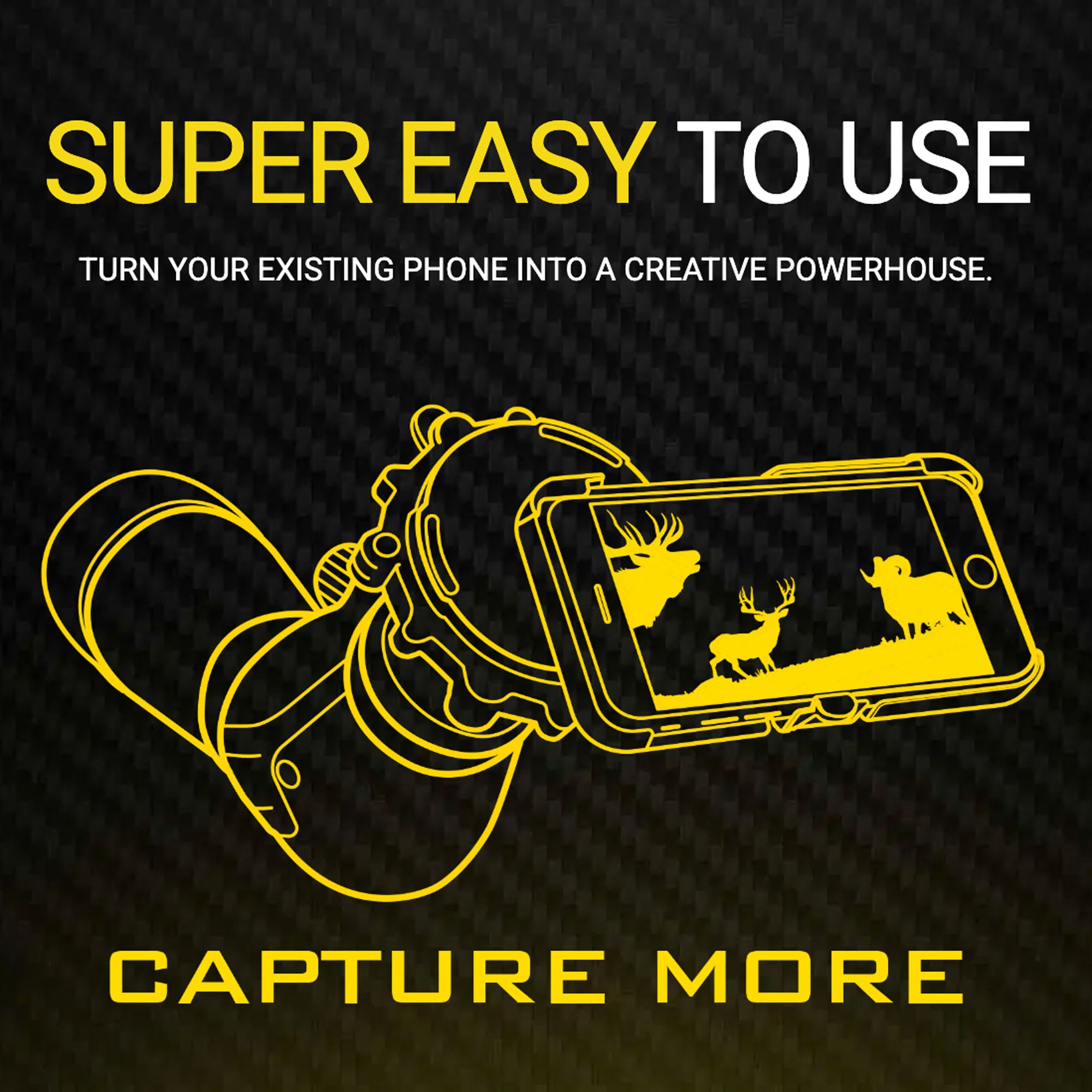 Phone with camera lens attachment on a black background with yellow text.