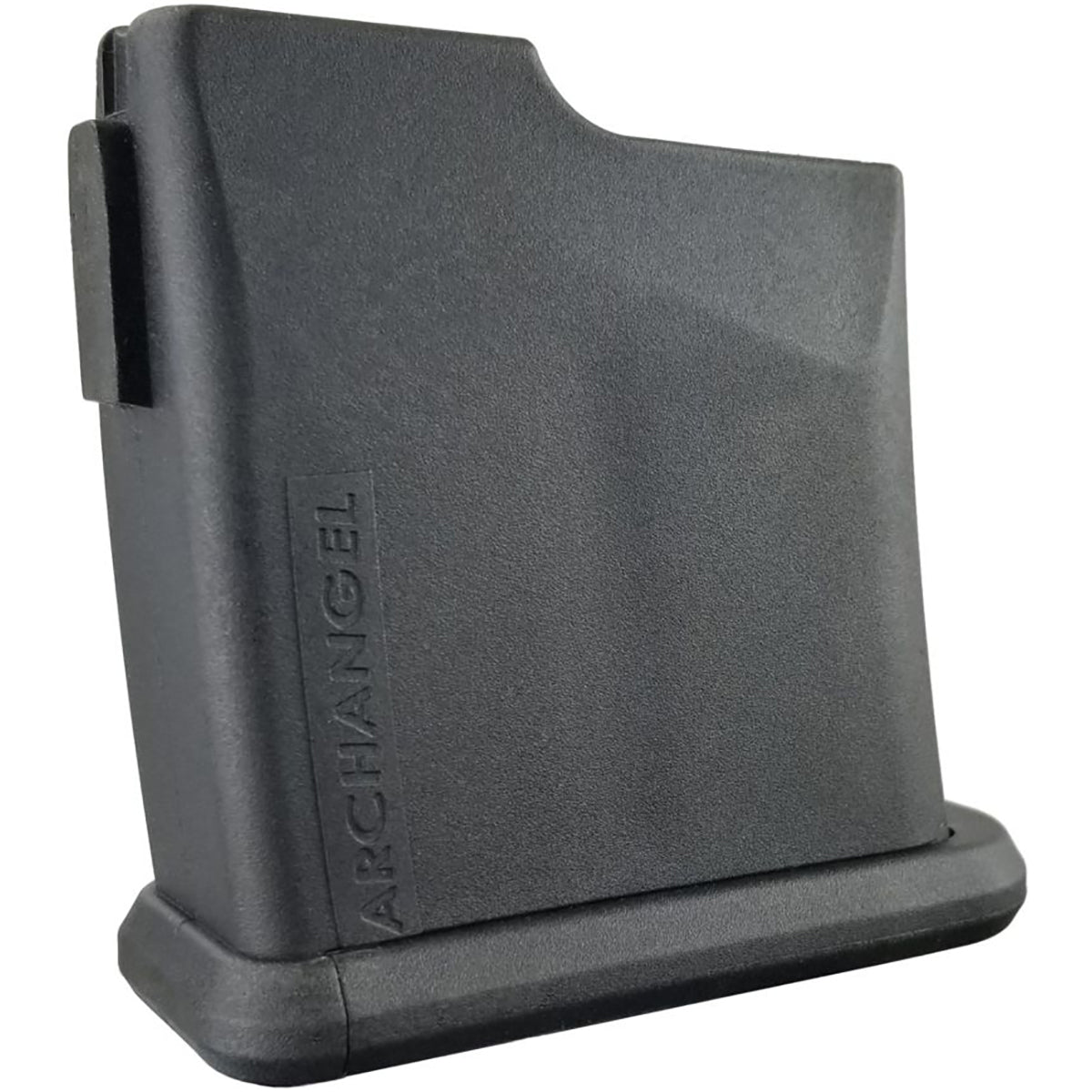 A black textured polymer 10 round magazine holder or pistol grip insert with the brand name 'ARCHANGEL' embossed vertically on the side, shown on a plain white background.