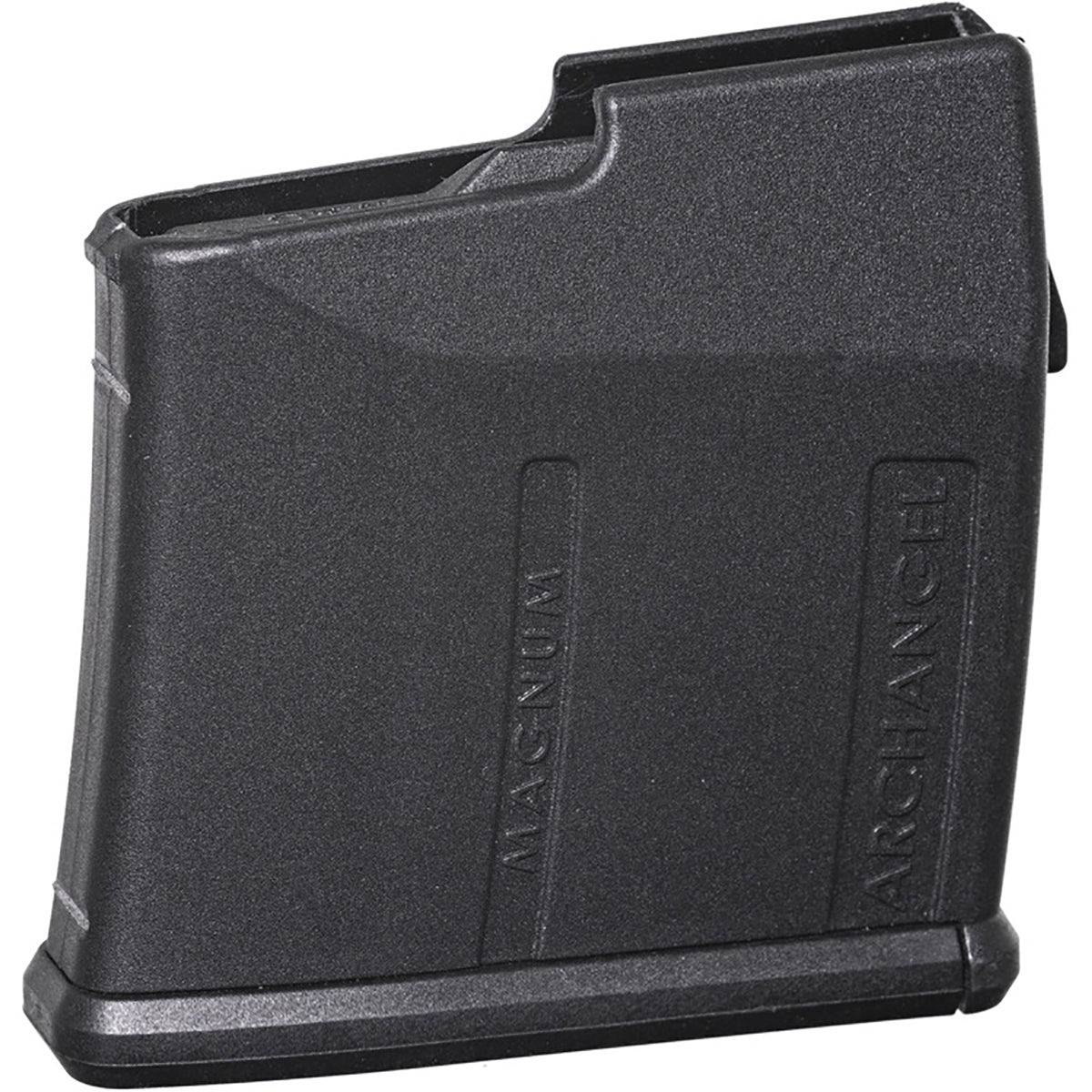 A black polymer 7 round type B magazine with embossed vertical text reading 'MAGNUM' and 'ARCHANGEL', shown on a plain white background.