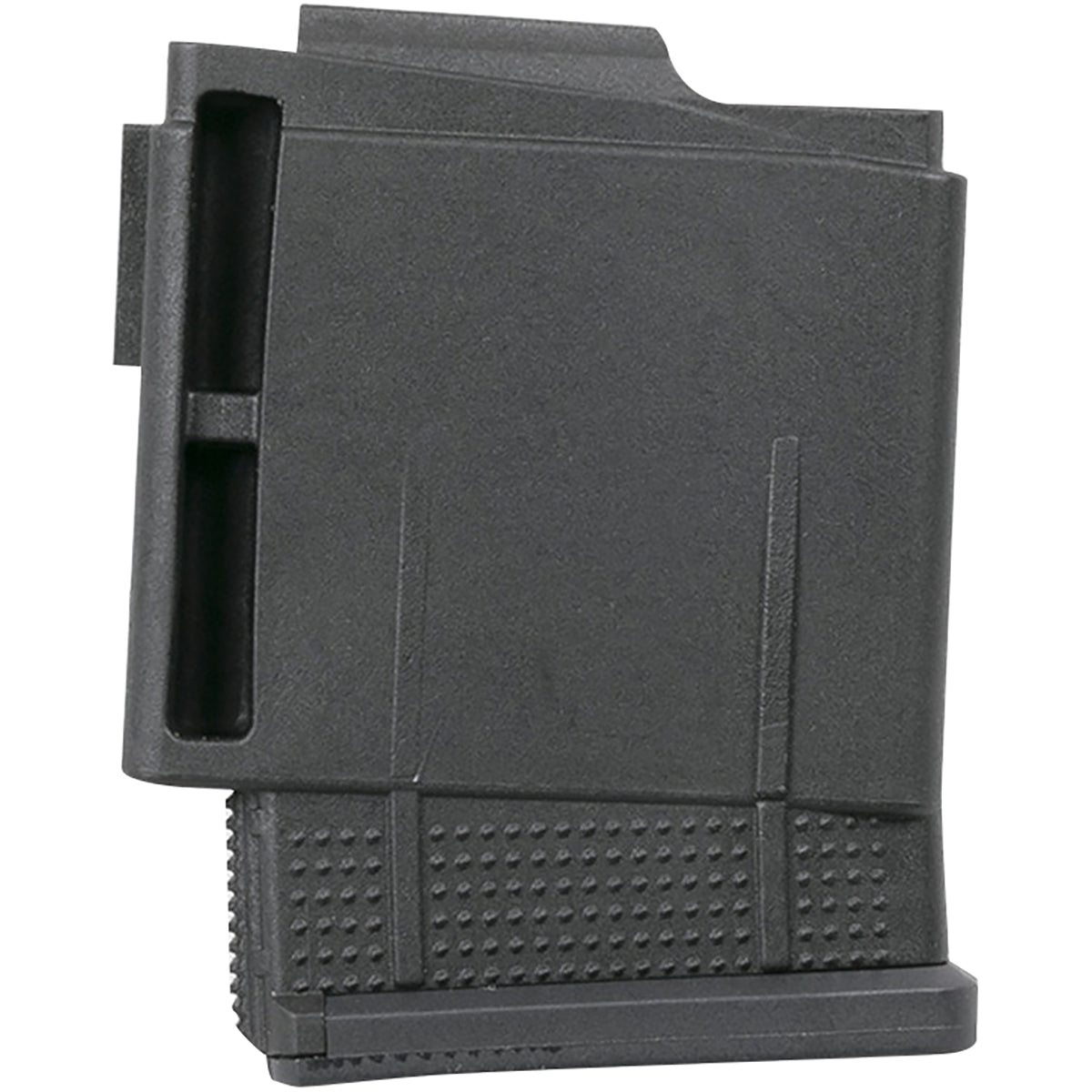 A black plastic rifle 10 round magazine with a textured base and a side release notch, shown against a plain white background.