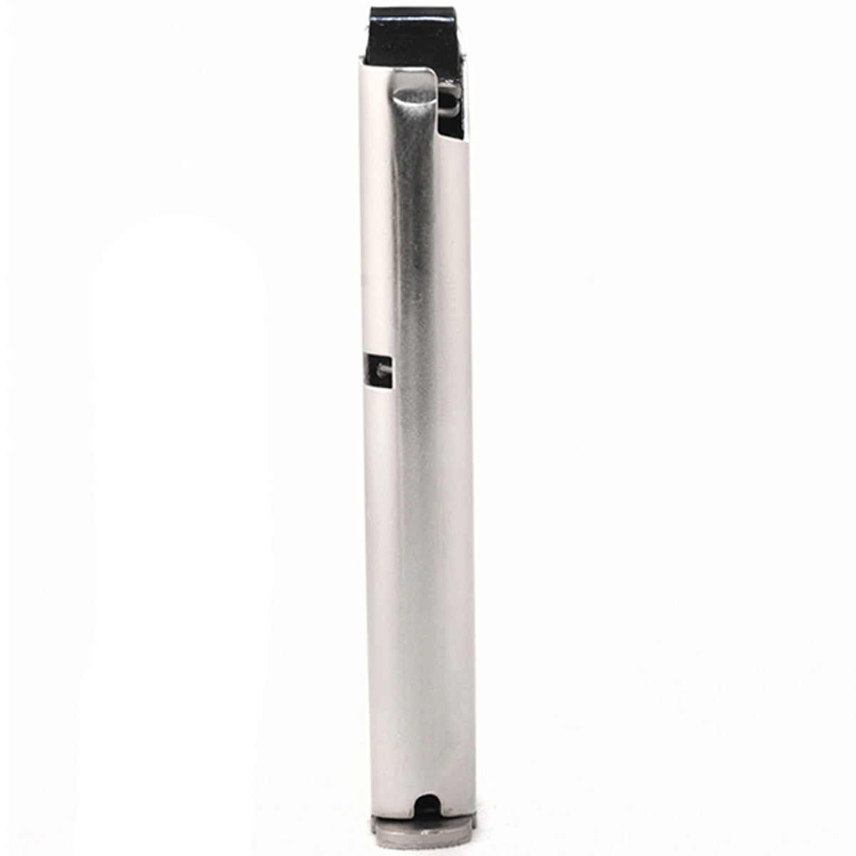 A slim, metallic silver cylindrical 6 round with a black top and bottom cap, shown vertically against a plain white background.