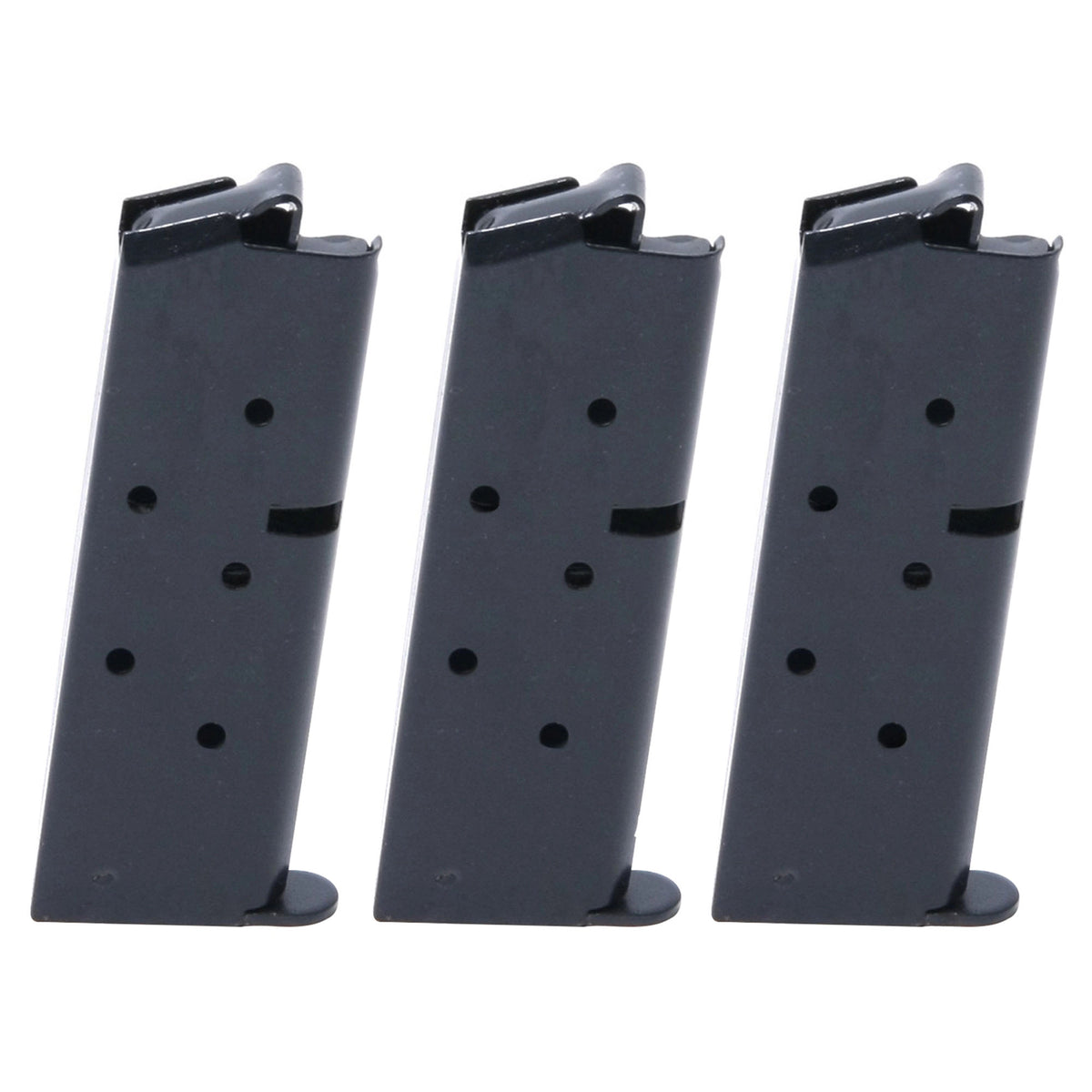 Three black metal 6 round magazine slides arranged side by side on a plain white background.