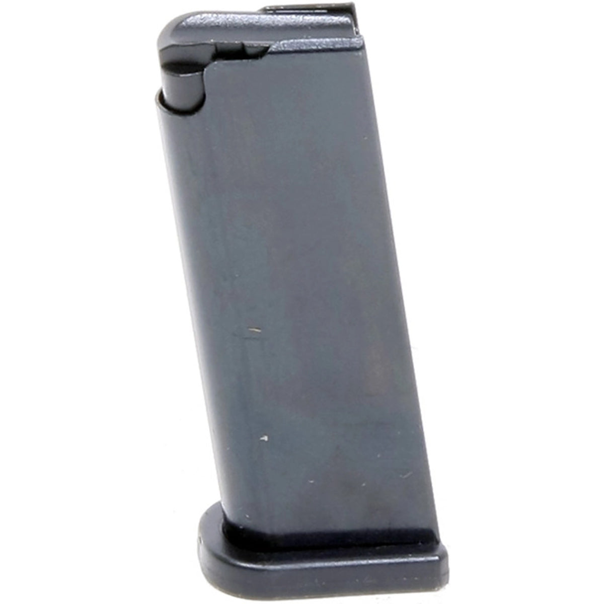 A black metal 6 round extended magazine, likely for a firearm, shown standing upright against a plain white background.