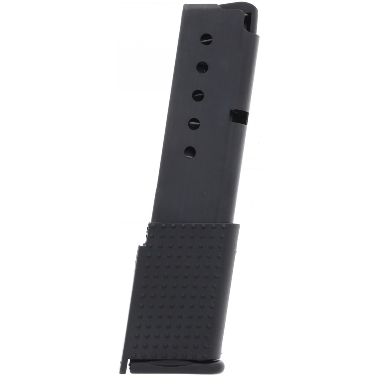 A black polymer 10 round magazine with a textured grip and a vertical serrated metal base, shown against a plain white background.