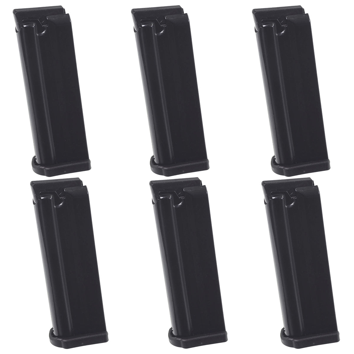 Six black plastic 10 round magazine clips arranged in two rows of three on a plain white background.