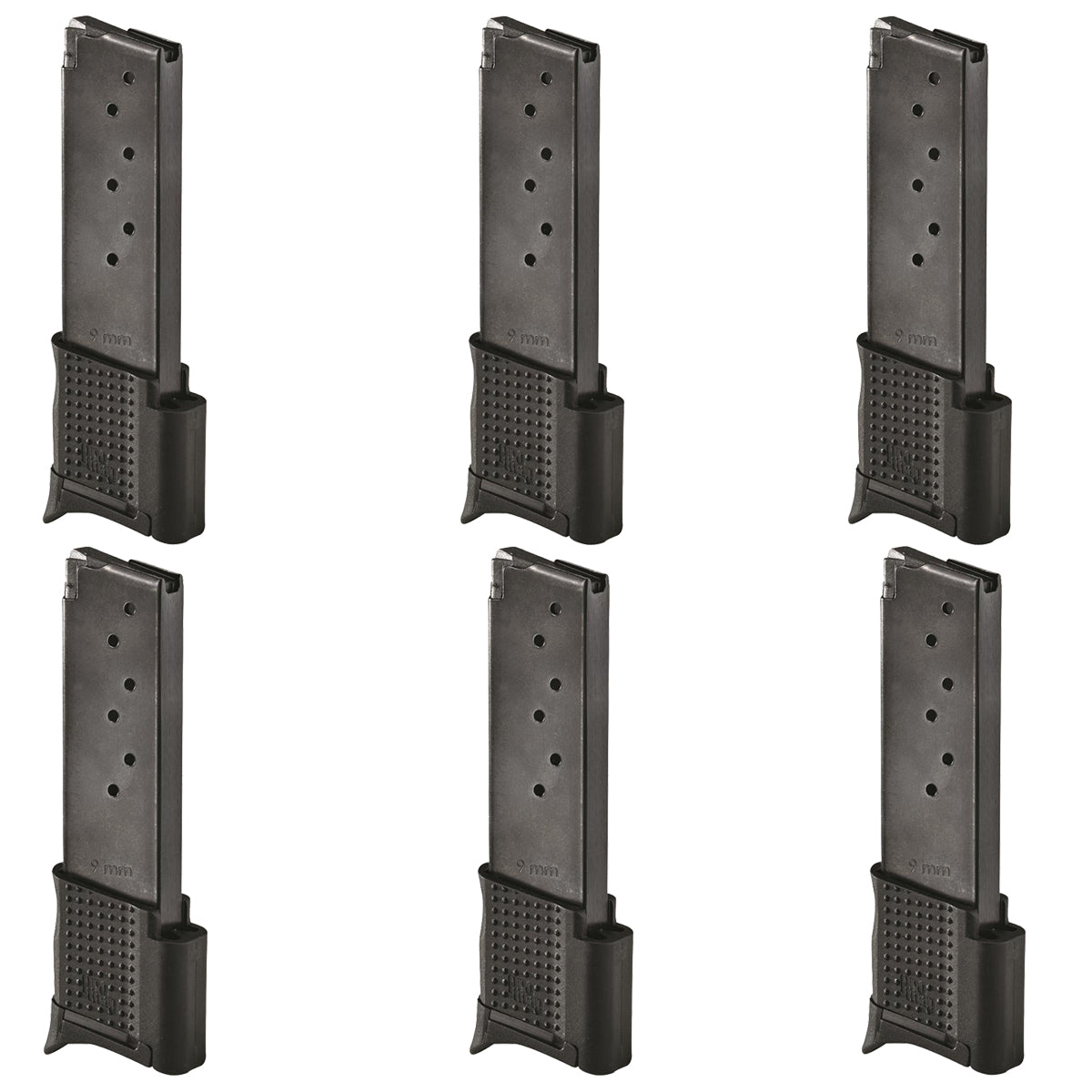 Six black polymer 9mm 10 round magazine clips arranged in a 2x3 grid on a plain white background.